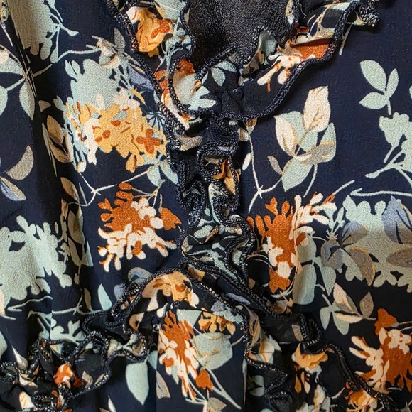 Floral Tiered Maxi Dress Navy Blue Brown Ruffle V-Neck Flutter Sleeve Size XL - Picture 3 of 10